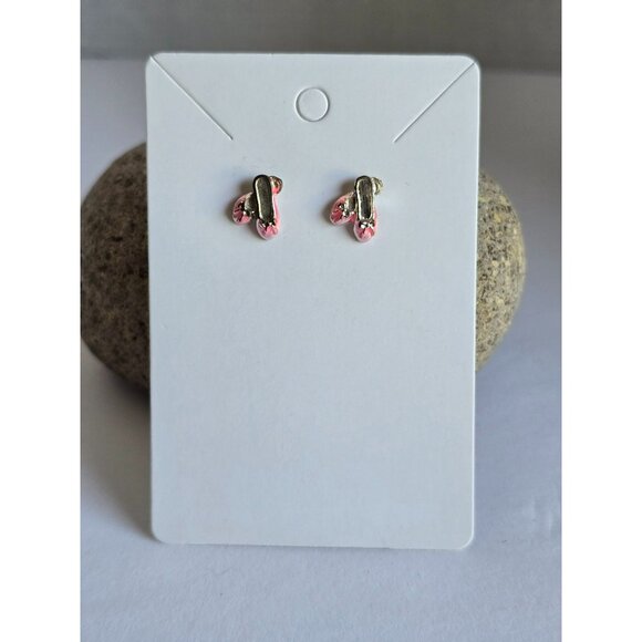 Extra Small Dainty Pink Ballet Slipper Pierced Post Earrings Pink Butterfly Back - Picture 3 of 8